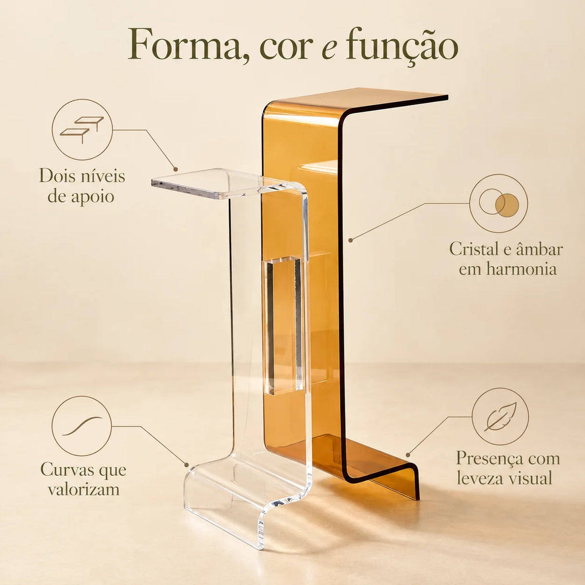Aparador Bicroma em acrílico cristal e âmbar, em imagem explicativa dos dois níveis de apoio.