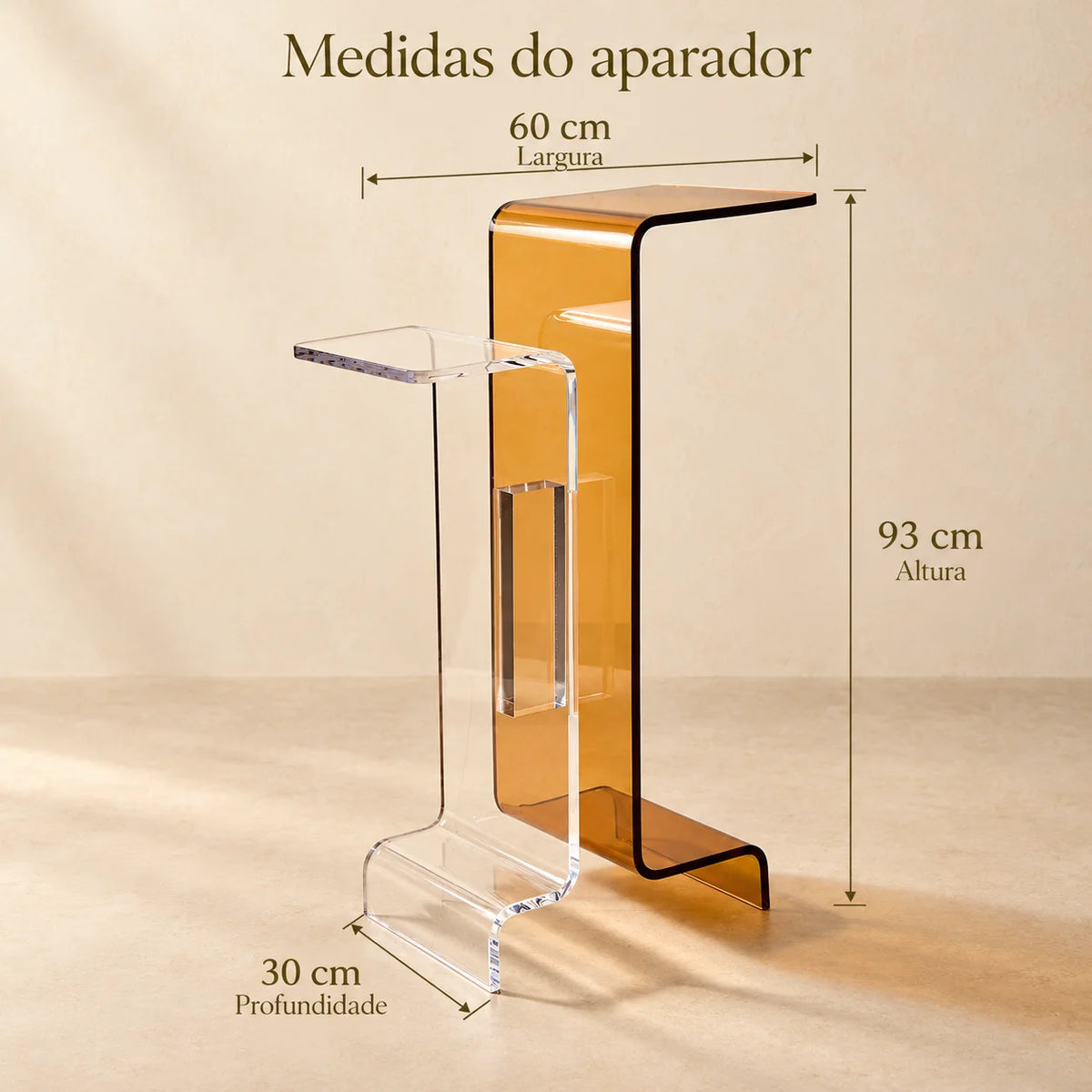 Aparador Bicroma em acrílico cristal e âmbar, em diagrama com medidas.