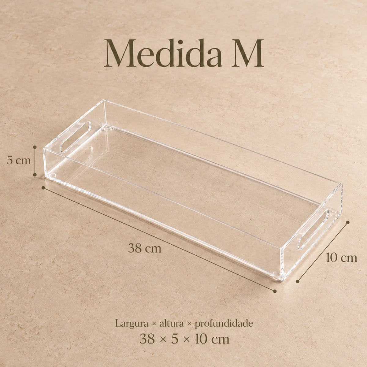 Bandeja Nítida em acrílico cristal, em diagrama do tamanho M.