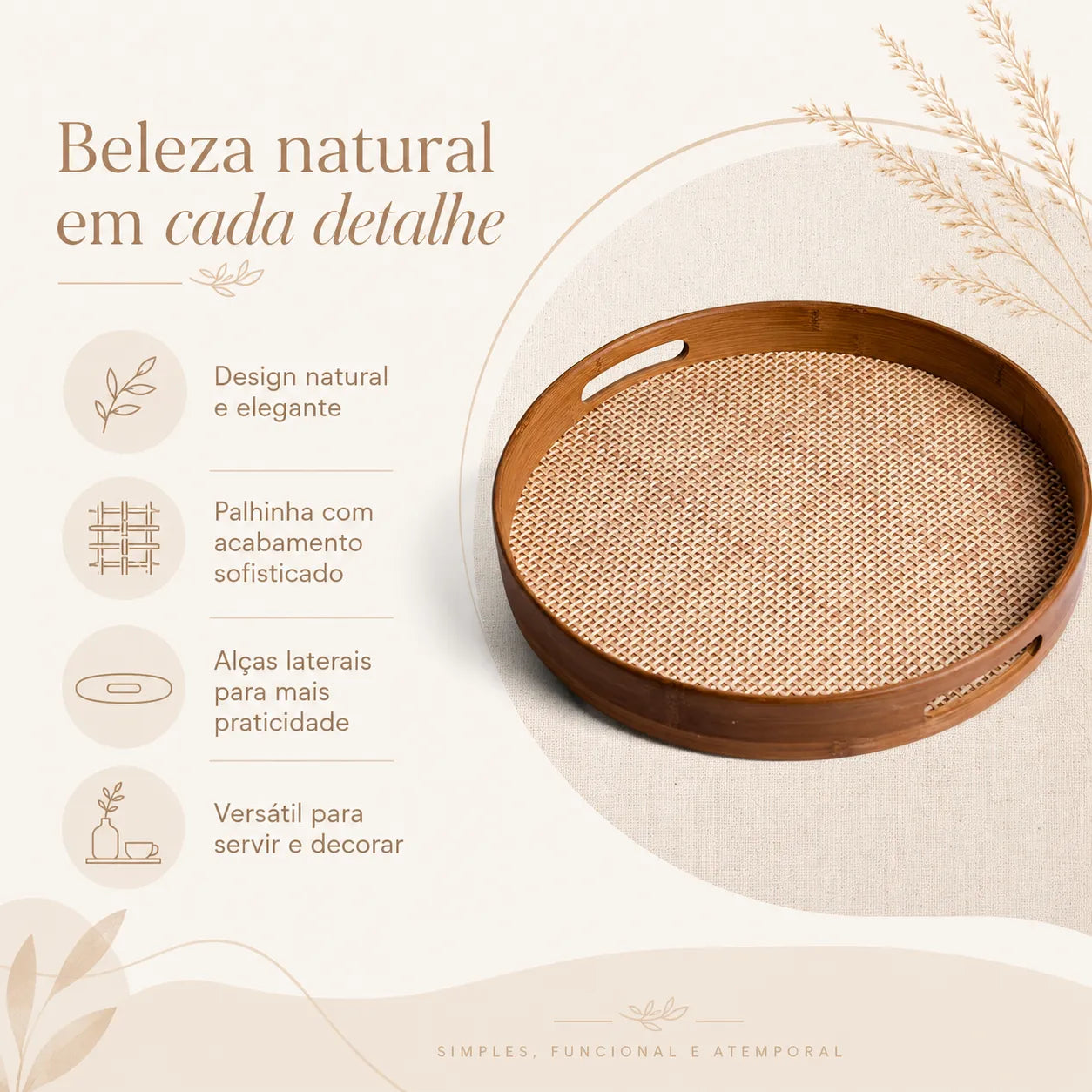 Bandeja Redonda de Bambu com Palhinha Indiana Xadrez Essenza Natural