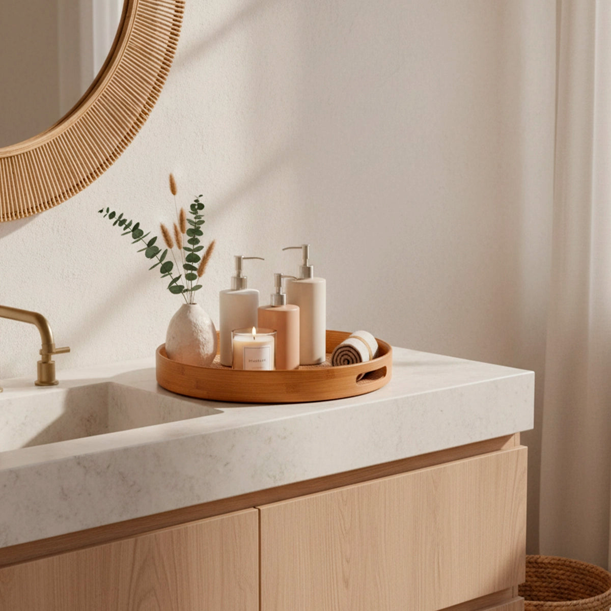 Bandeja Redonda de Bambu com Palhinha Indiana Xadrez Essenza Natural