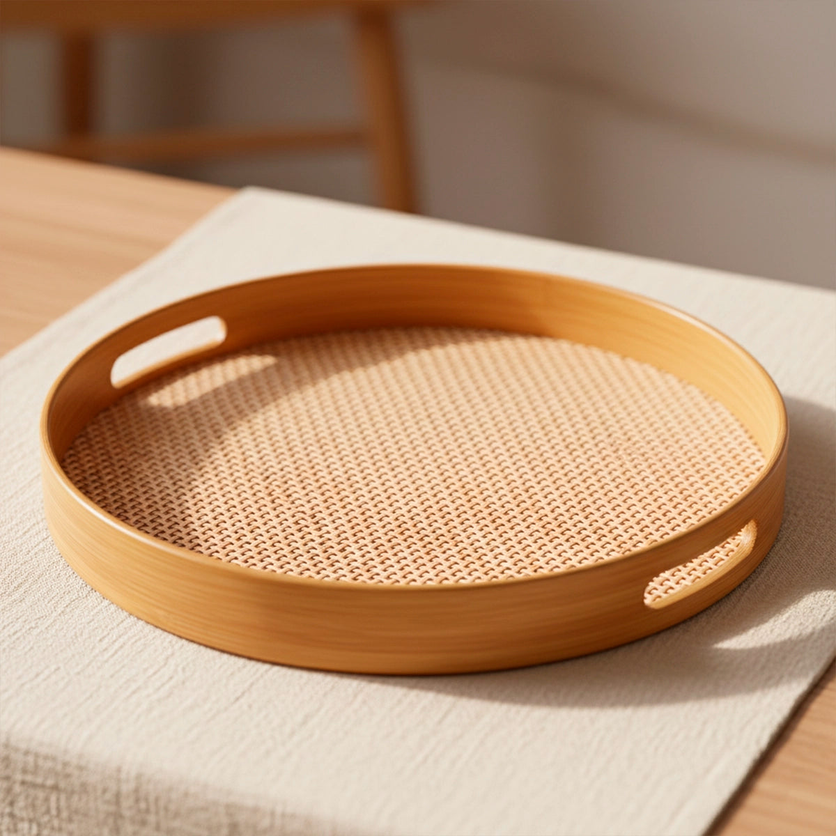 Bandeja Redonda de Bambu com Palhinha Indiana Xadrez Essenza Natural