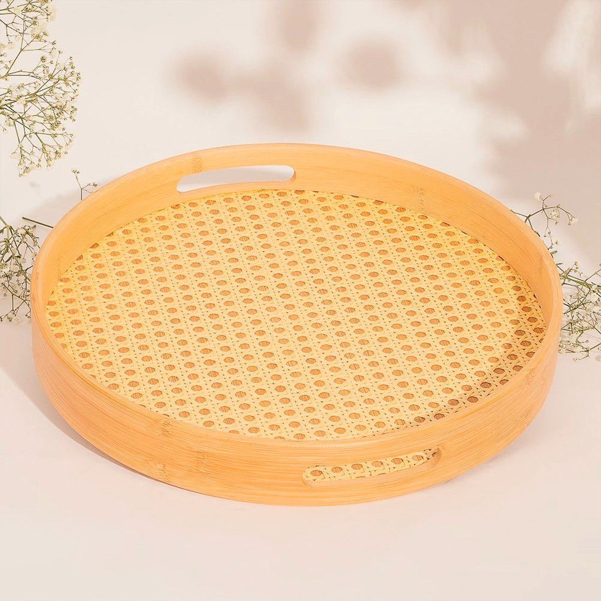 Bandeja Redonda em Bambu e Palhinha indiana Essenza Natural