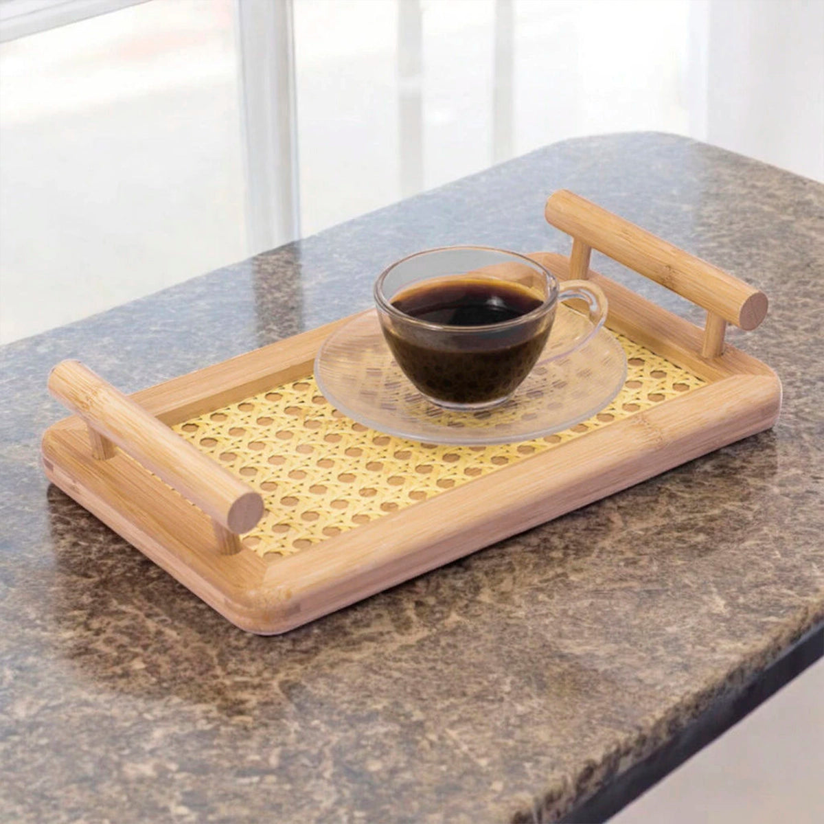 Bandeja Retangular com Alças de Bambu com Palhinha Indiana Essenza Natural