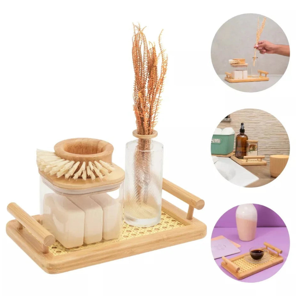 Bandeja Retangular com Alças de Bambu com Palhinha Indiana Essenza Natural