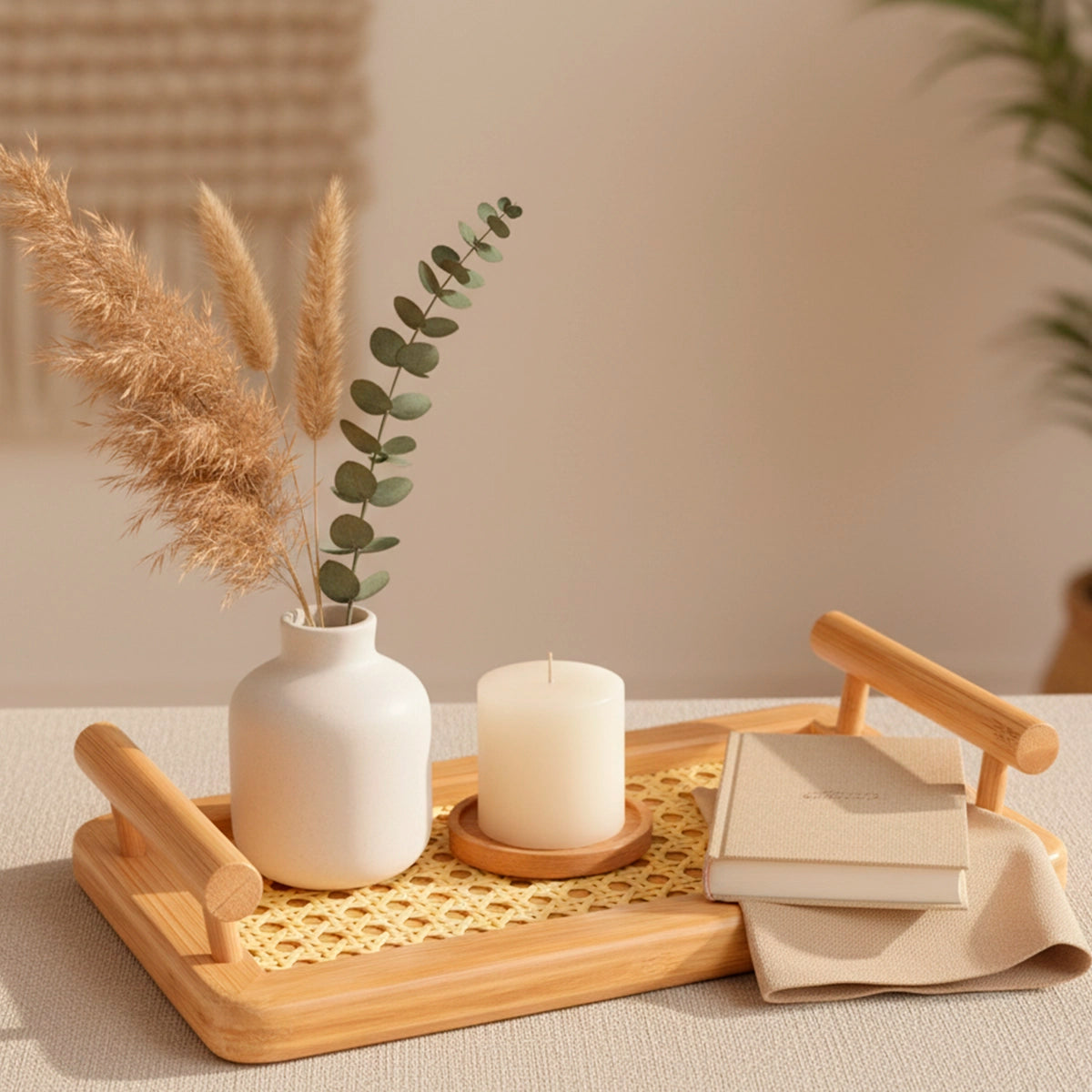 Bandeja Retangular com Alças de Bambu com Palhinha Indiana Essenza Natural