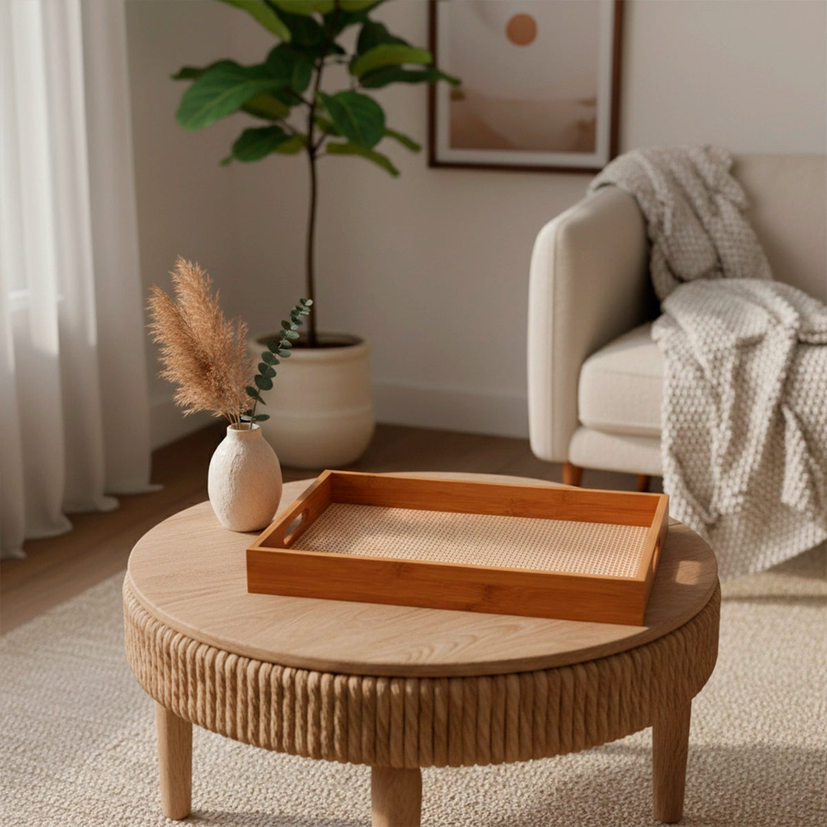 Bandeja Retangular de Bambu com Palhinha Indiana Xadrez Essenza Natural