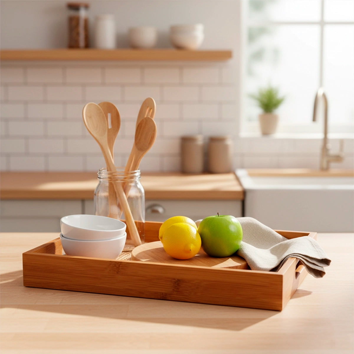 Bandeja Retangular de Bambu com Palhinha Indiana Xadrez Essenza Natural