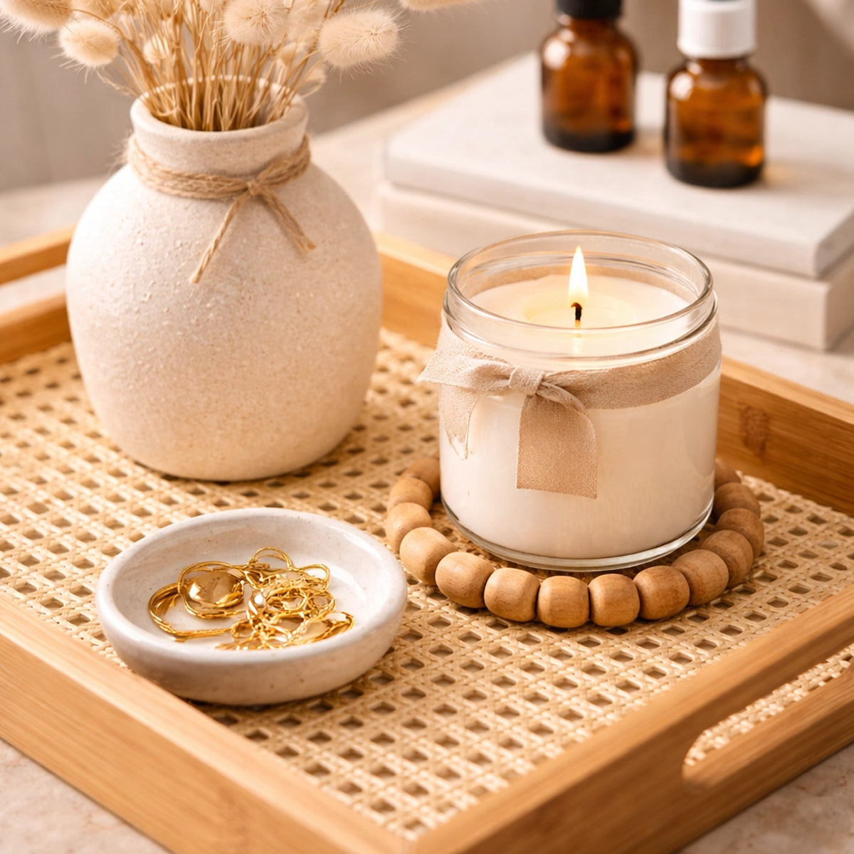 Bandeja Retangular em Bambu e Palhinha indiana Essenza Natural