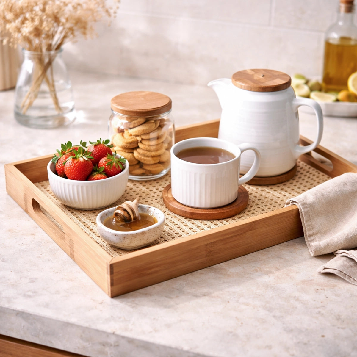 Bandeja Retangular em Bambu e Palhinha indiana Essenza Natural