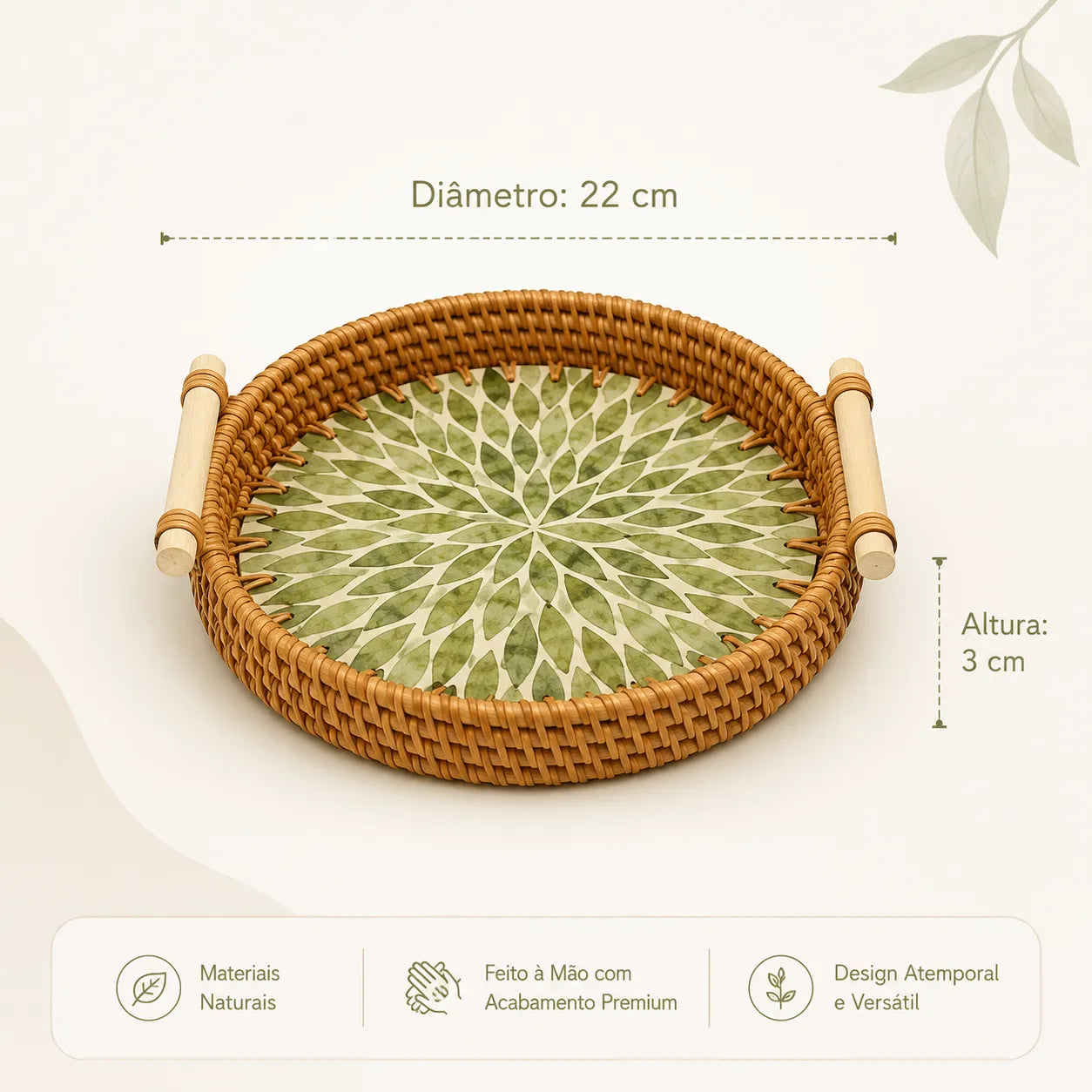 Bandeja Redonda de Rattan Artesanal Decorativa Floratta