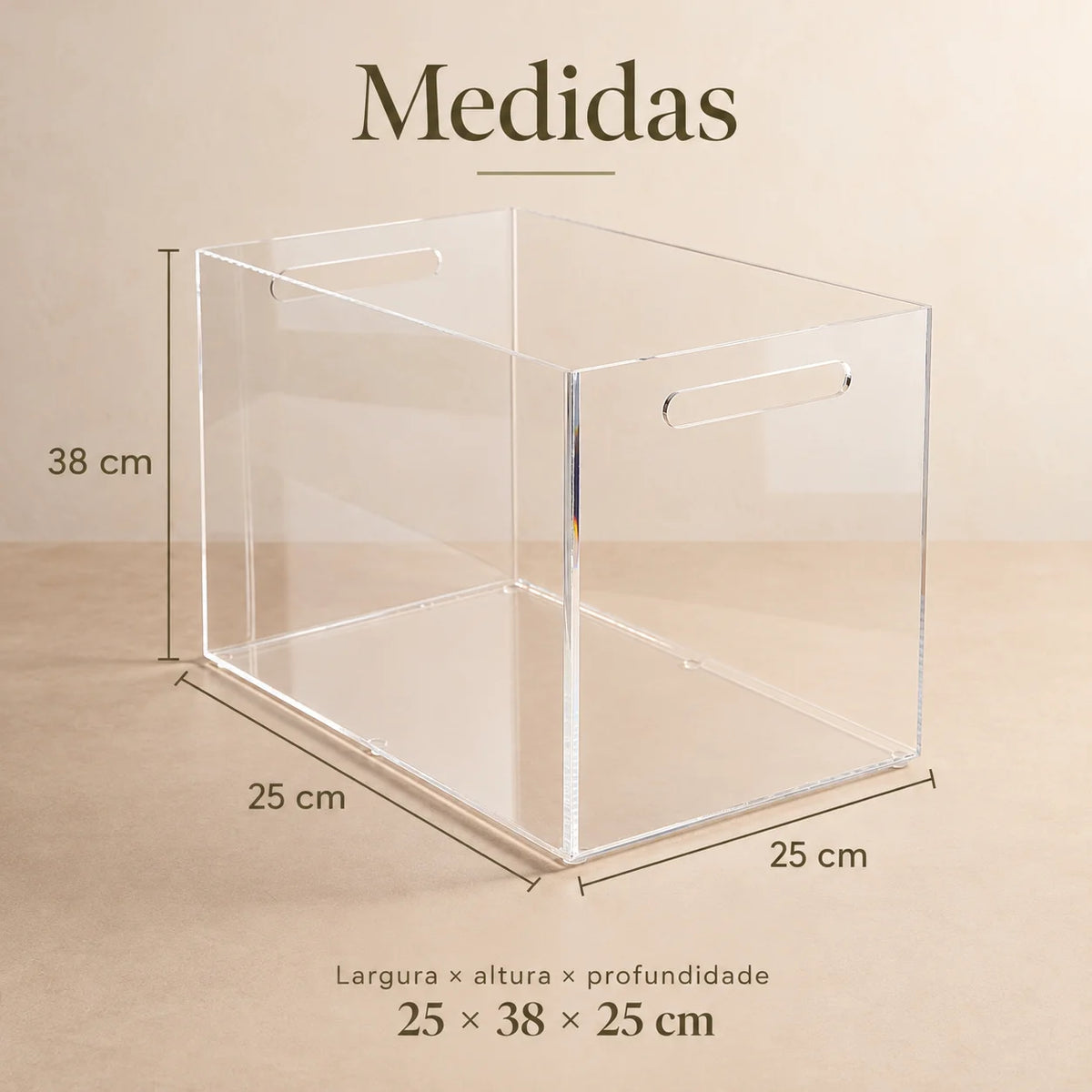 Caixa alta Velune em acrílico cristal, em diagrama com medidas.
