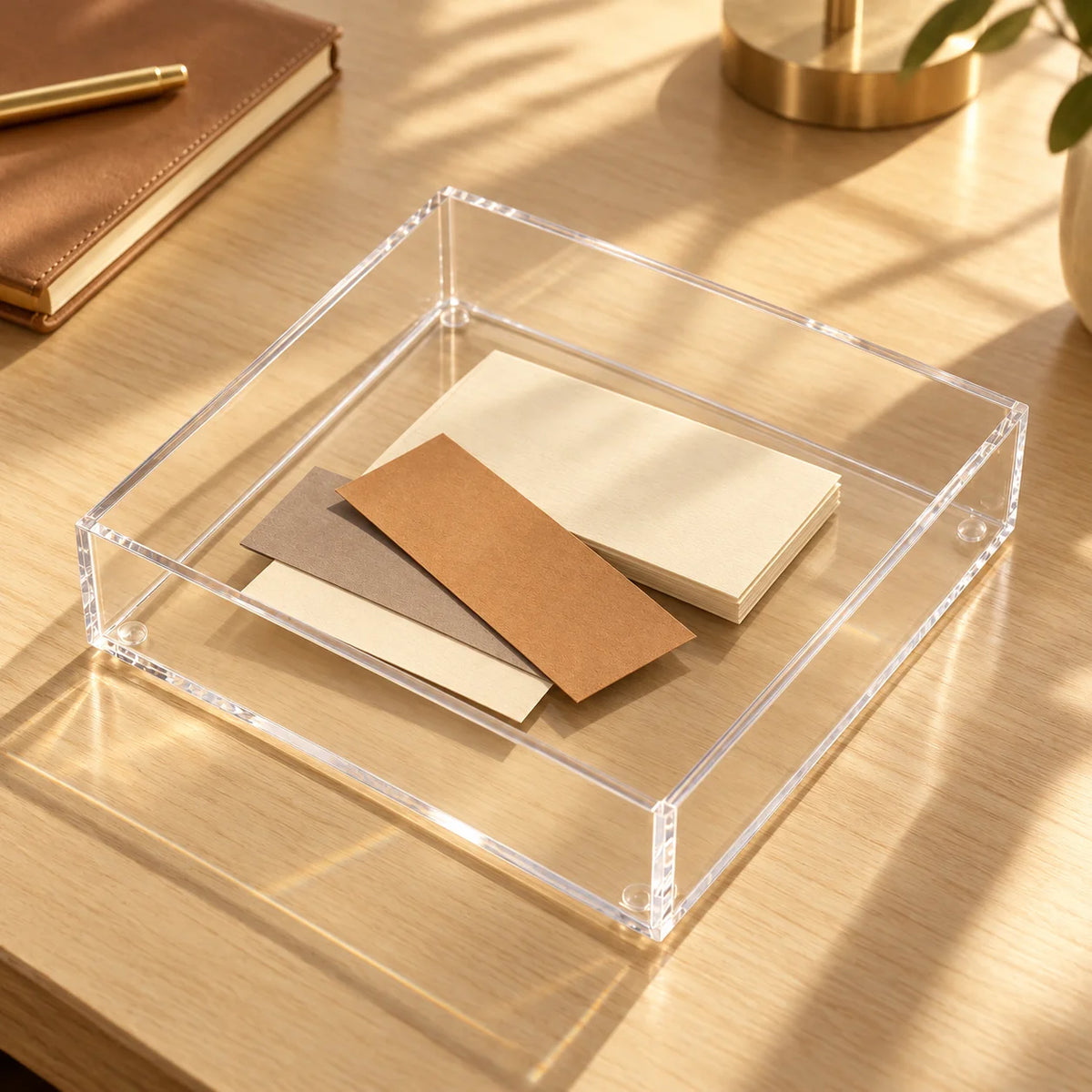 Caixa organizadora Velune em acrílico cristal, com papéis e pequeno caderno em vista superior.