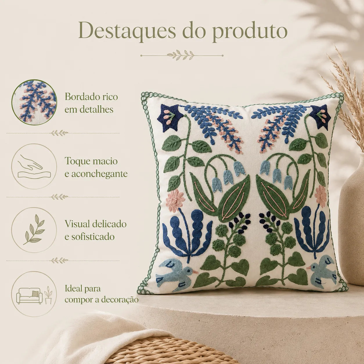 Capa de Almofada Bordada à mão Botânica
