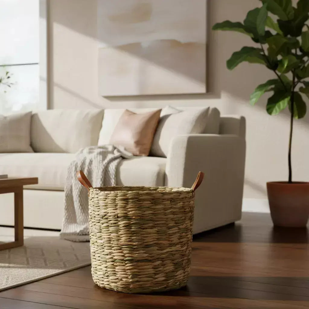 Cesto Organizador de Palha Natural com Alça em Couro