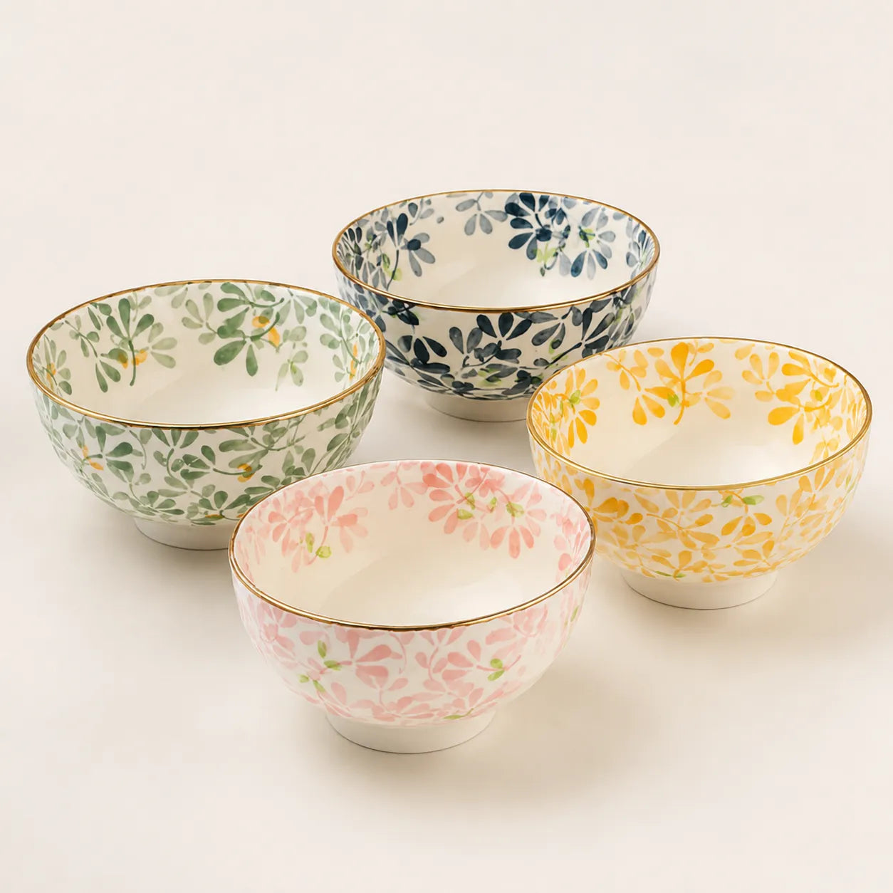 Conjunto Bowl de Cerâmica Aquarela Floral - 4 Peças