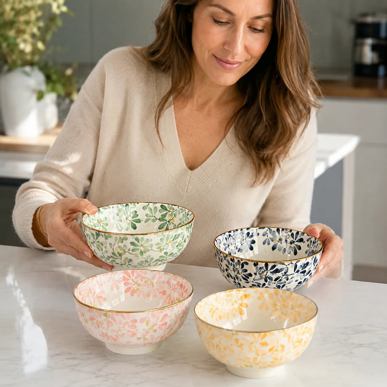 Conjunto Bowl de Cerâmica Aquarela Floral - 4 Peças