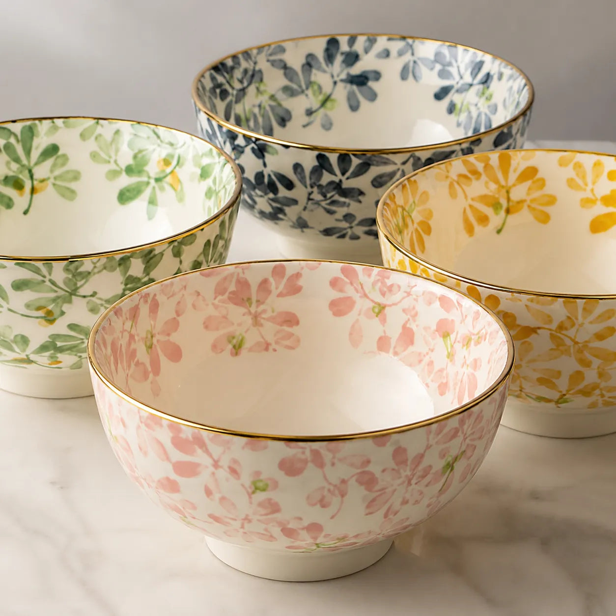 Conjunto Bowl de Cerâmica Aquarela Floral - 4 Peças