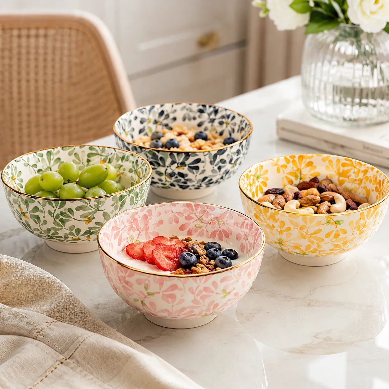 Conjunto Bowl de Cerâmica Aquarela Floral - 4 Peças