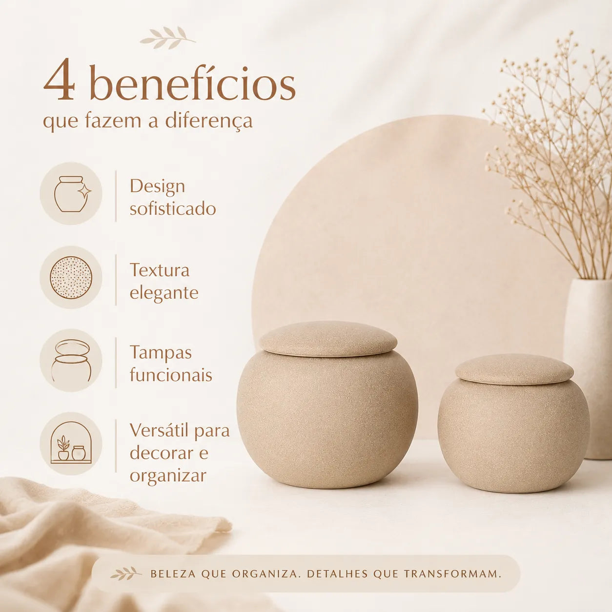 Conjunto de Mini Potes Decorativos em Cerâmica Bege com Tampa Seixo
