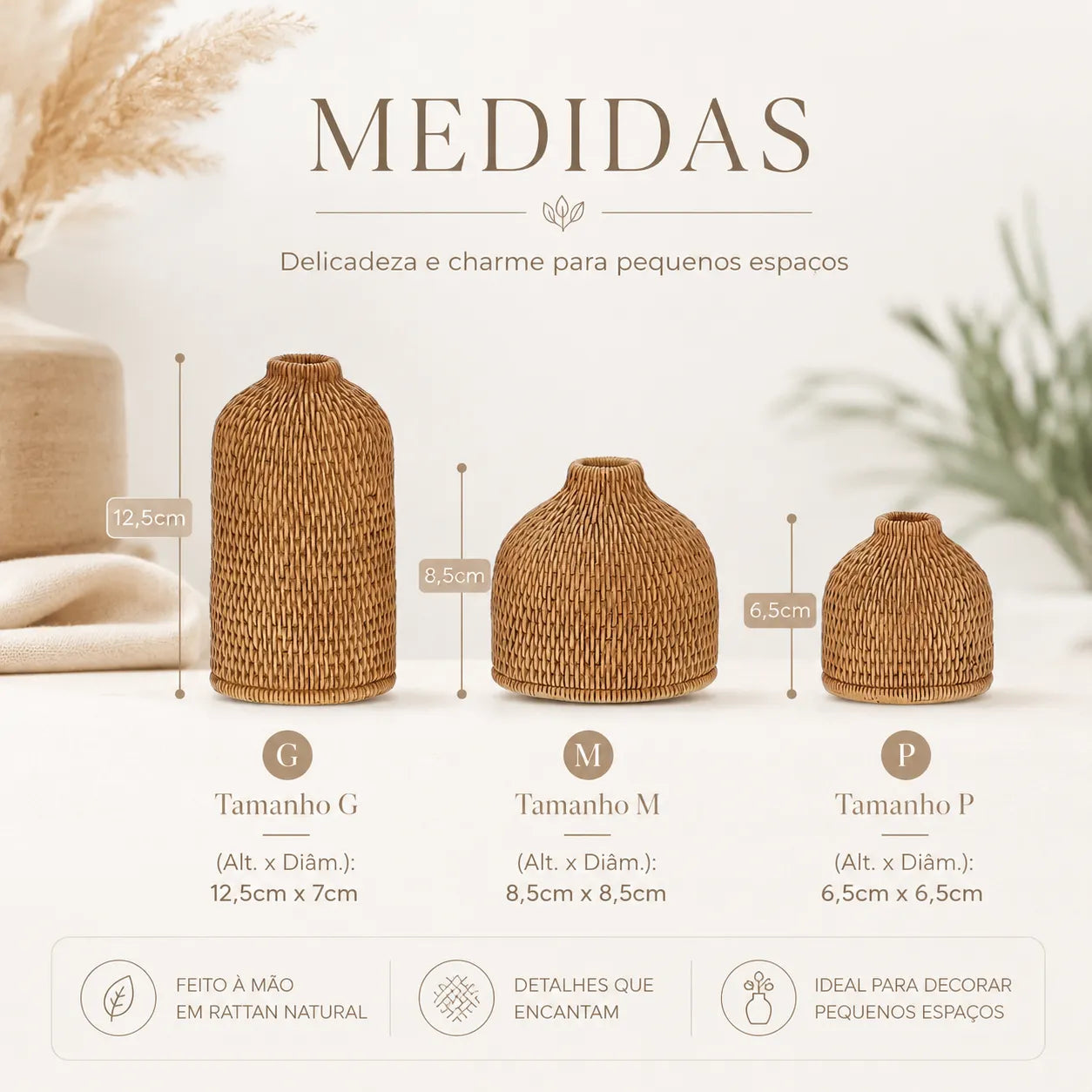 Conjunto de Mini Vasos Decorativos em Fibra Natural Trançada Nativa