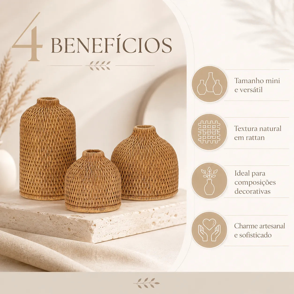Conjunto de Mini Vasos Decorativos em Fibra Natural Trançada Nativa
