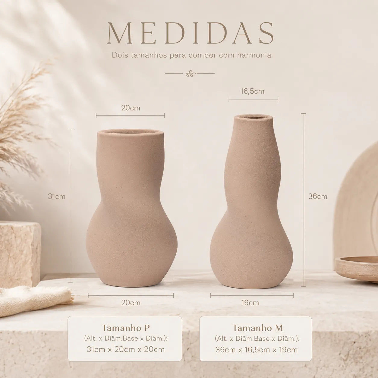 Conjunto de Vasos Decorativos em Cerâmica Bege Orgânica Duna