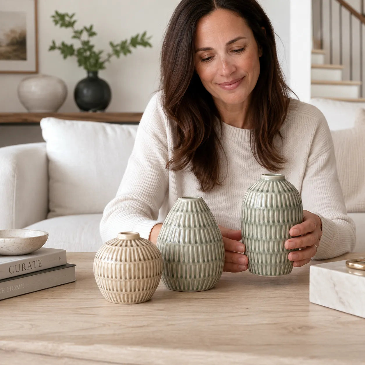 Conjunto de Vasos Decorativos em Cerâmica Ravena - 3 pçs