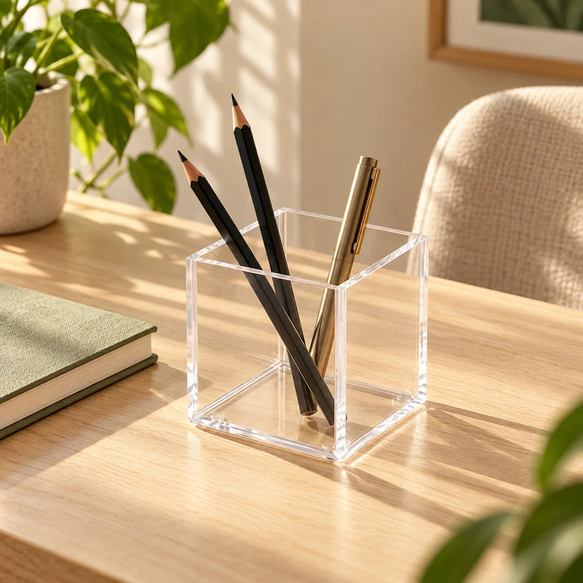 Cubo organizador Nivora em acrílico cristal, com lápis em mesa de trabalho iluminada.