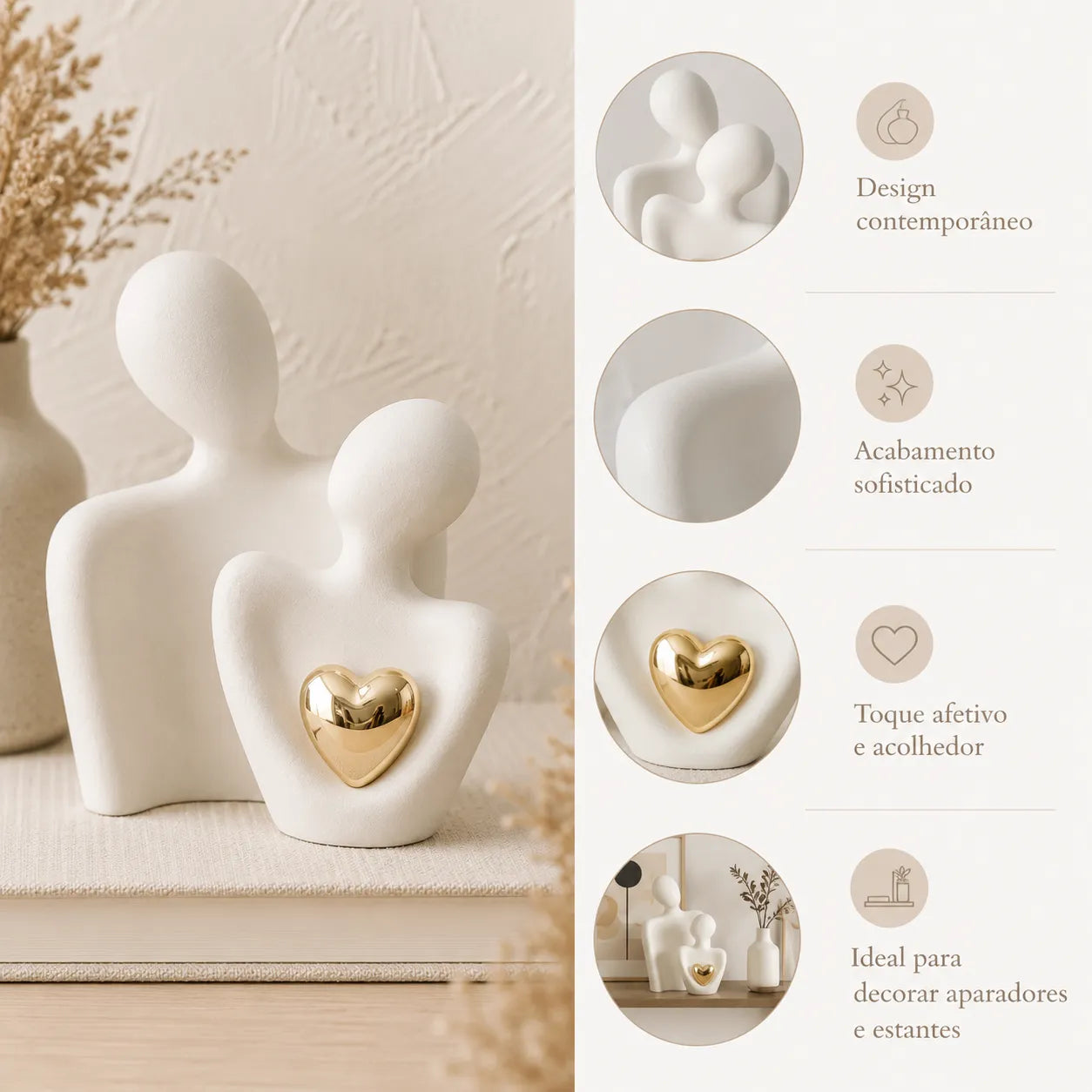 Escultura Abstrata Abraço com Coração Dourado