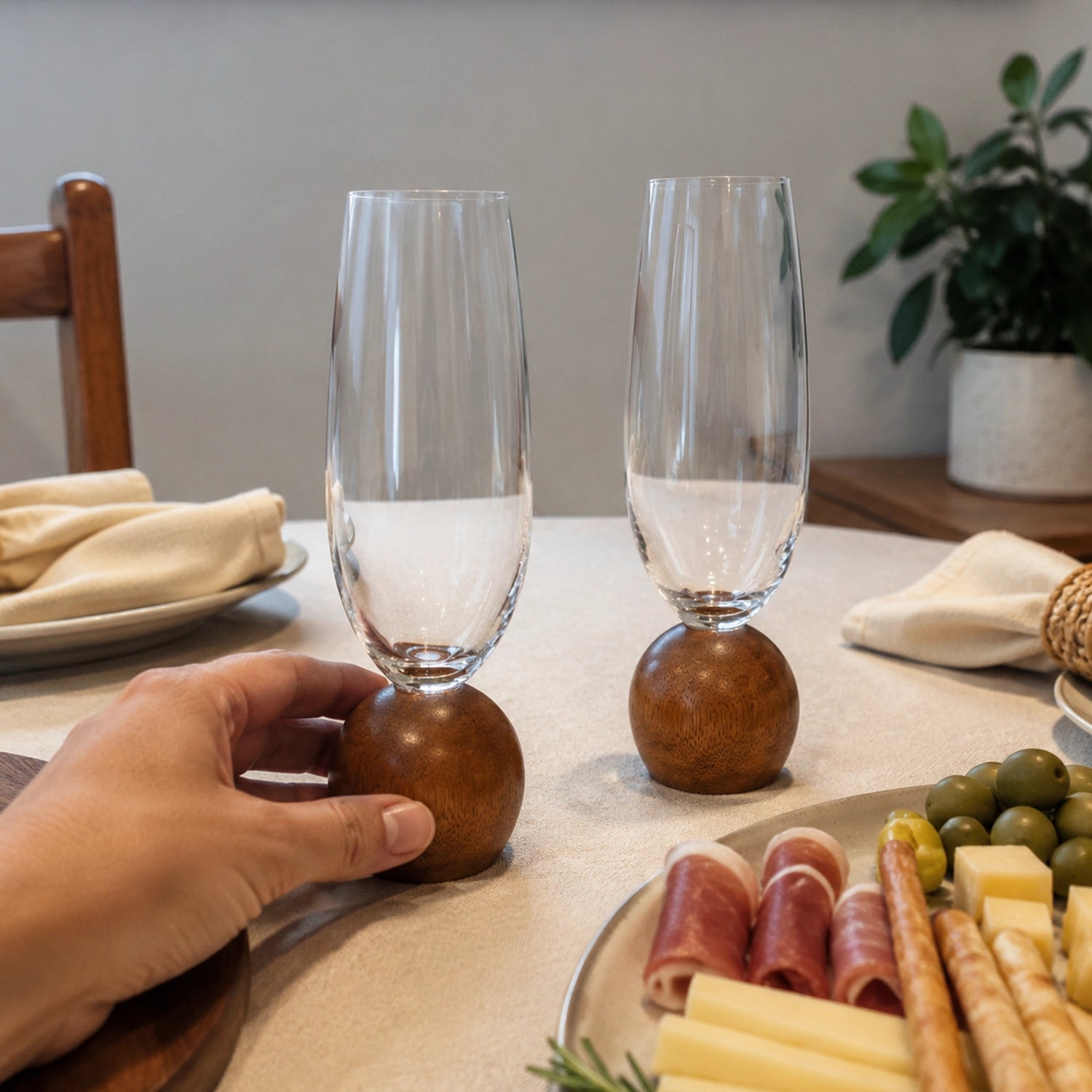 Jogo de Taças para Espumante em Cristal e Madeira Acácia - 210ml