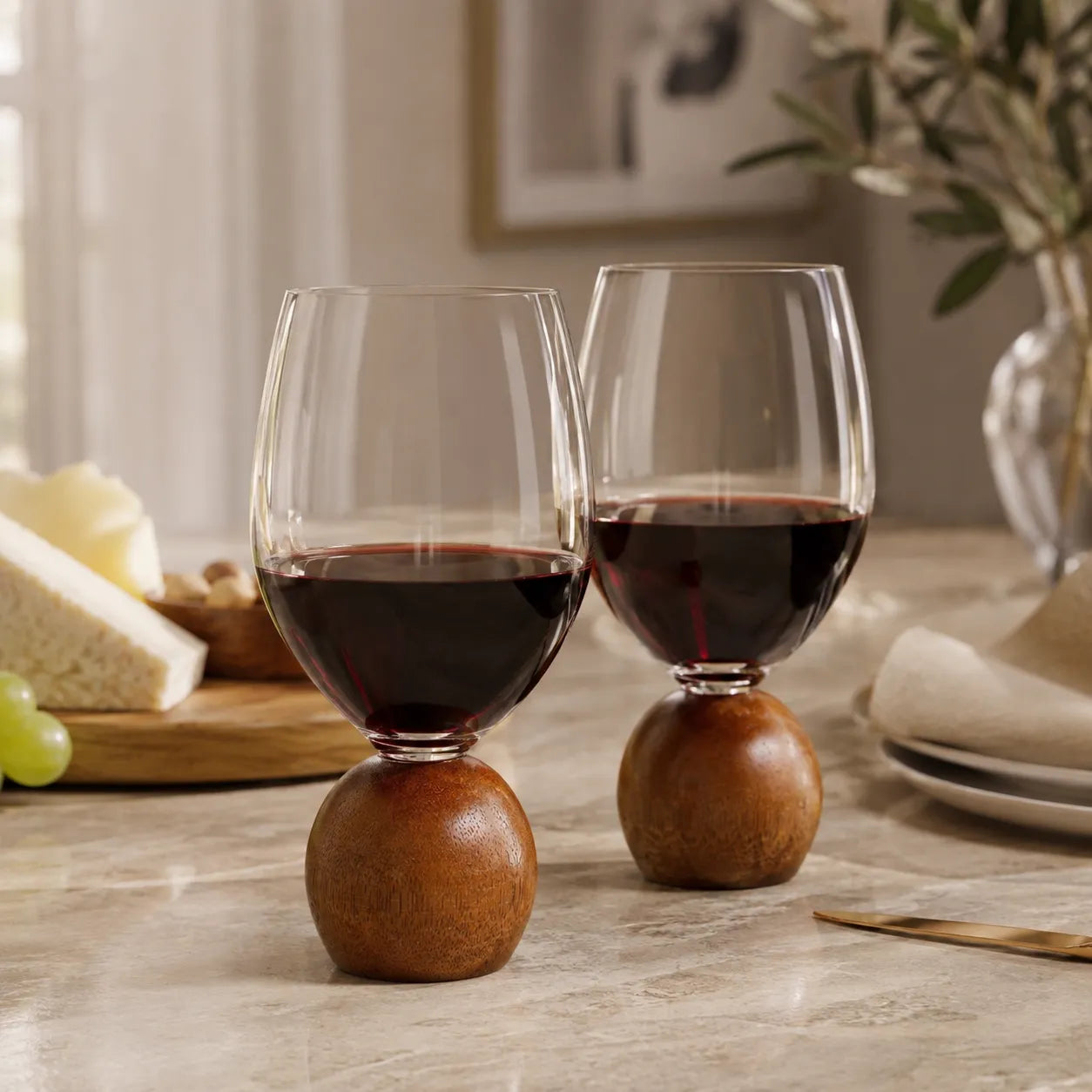 Jogo de Taças para Vinho em Cristal e Madeira Acácia - 520ml