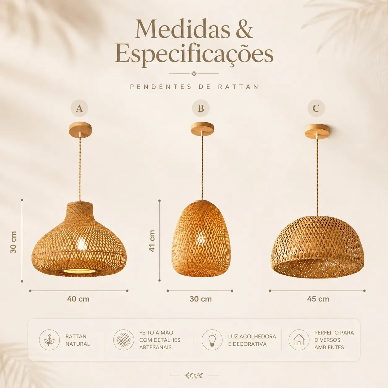 Kit 3 Luminárias Pendente de Bambu Encantos, Oani e Bayu
