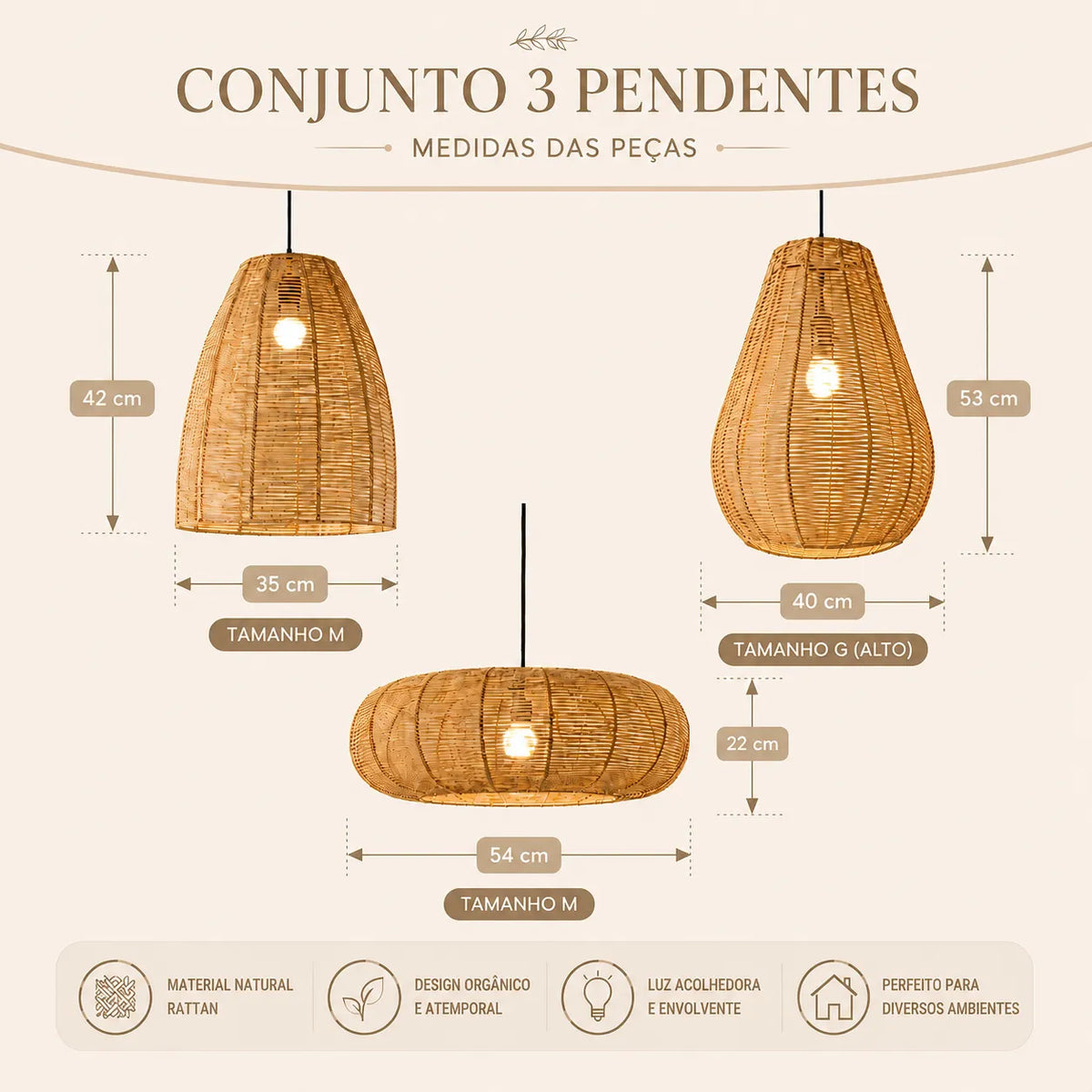 Kit 3 Luminárias Pendentes de Palha Anauê