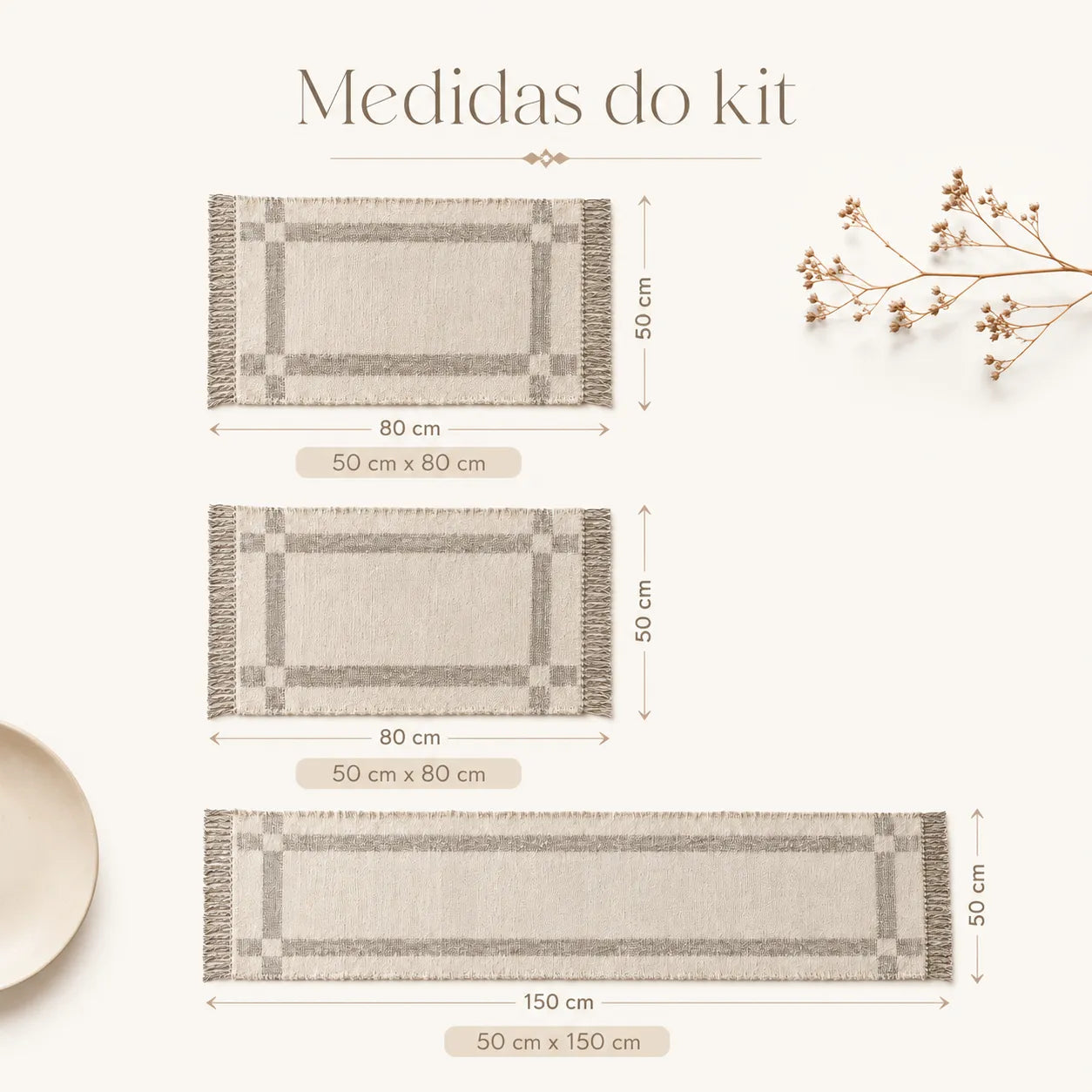 Kit 3 Tapetes Dupla Face Trama Natural Boho Chic