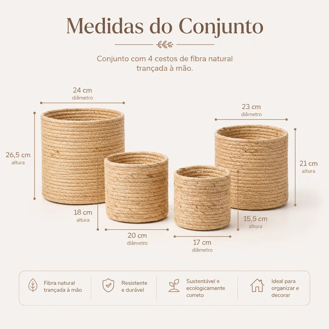 Kit 4 Cachepots em Fibra Natural Raizes