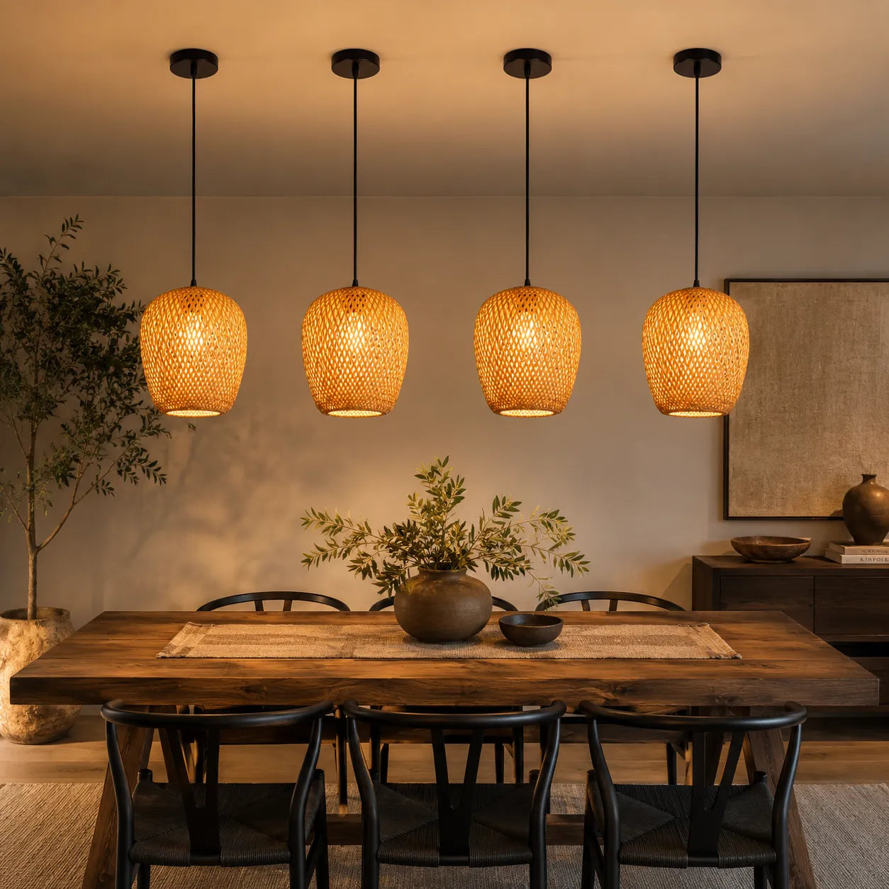 Kit 4 Luminárias Pendente Bambu Rattan