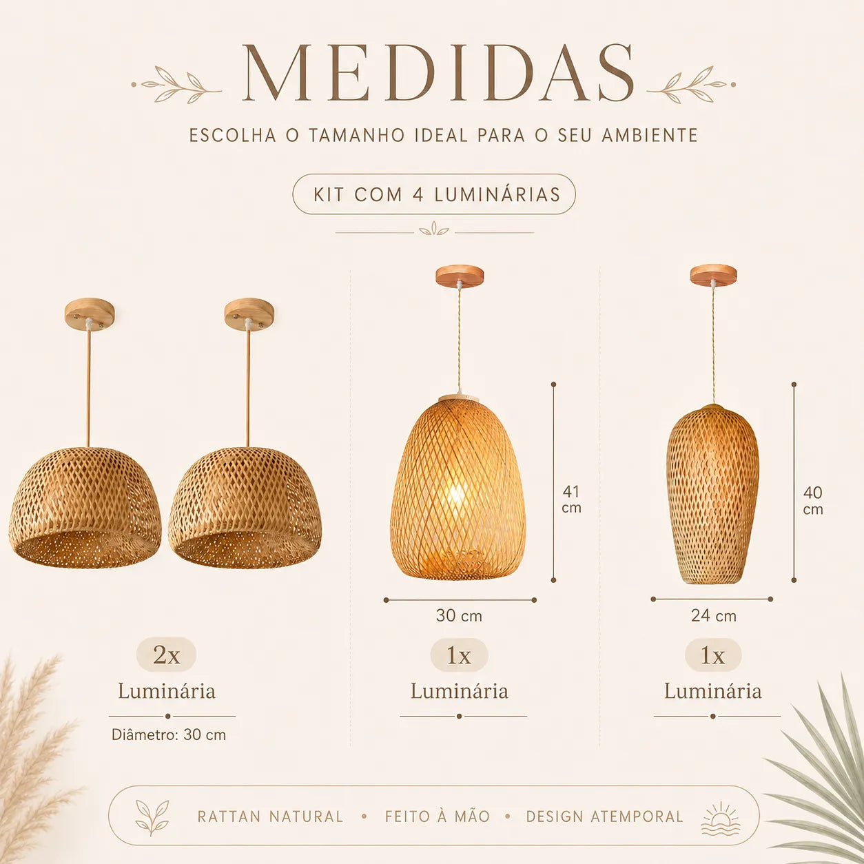 Kit 4 Luminárias Pendente de Bambu Trama