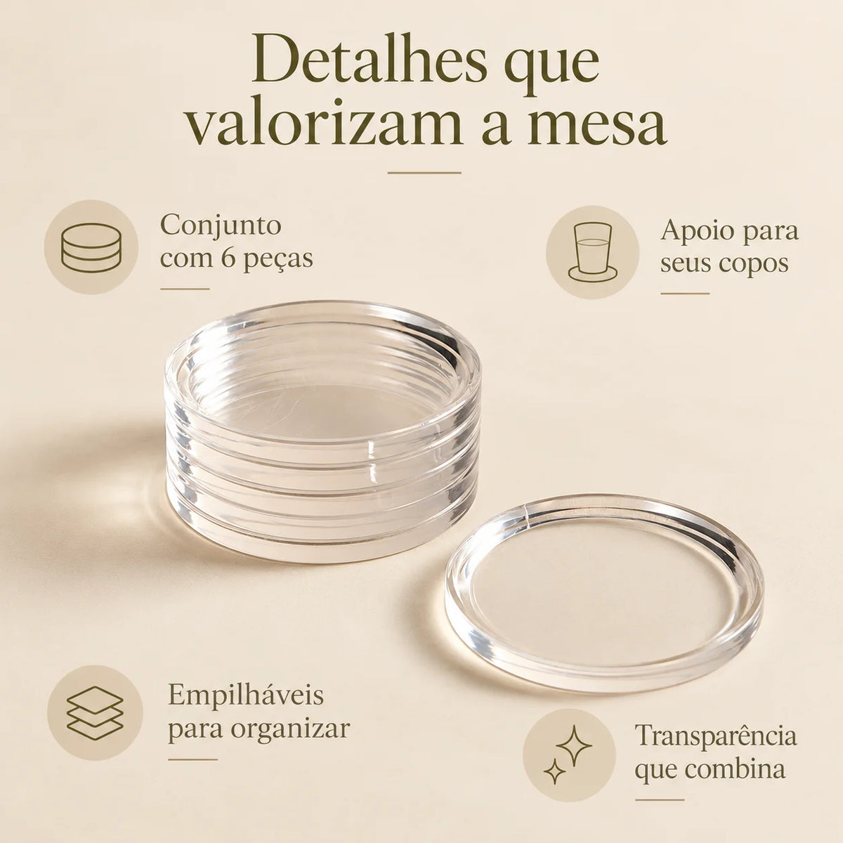 Kit 6 Porta-Copos Redondos em Acrílico Cristal Orbela