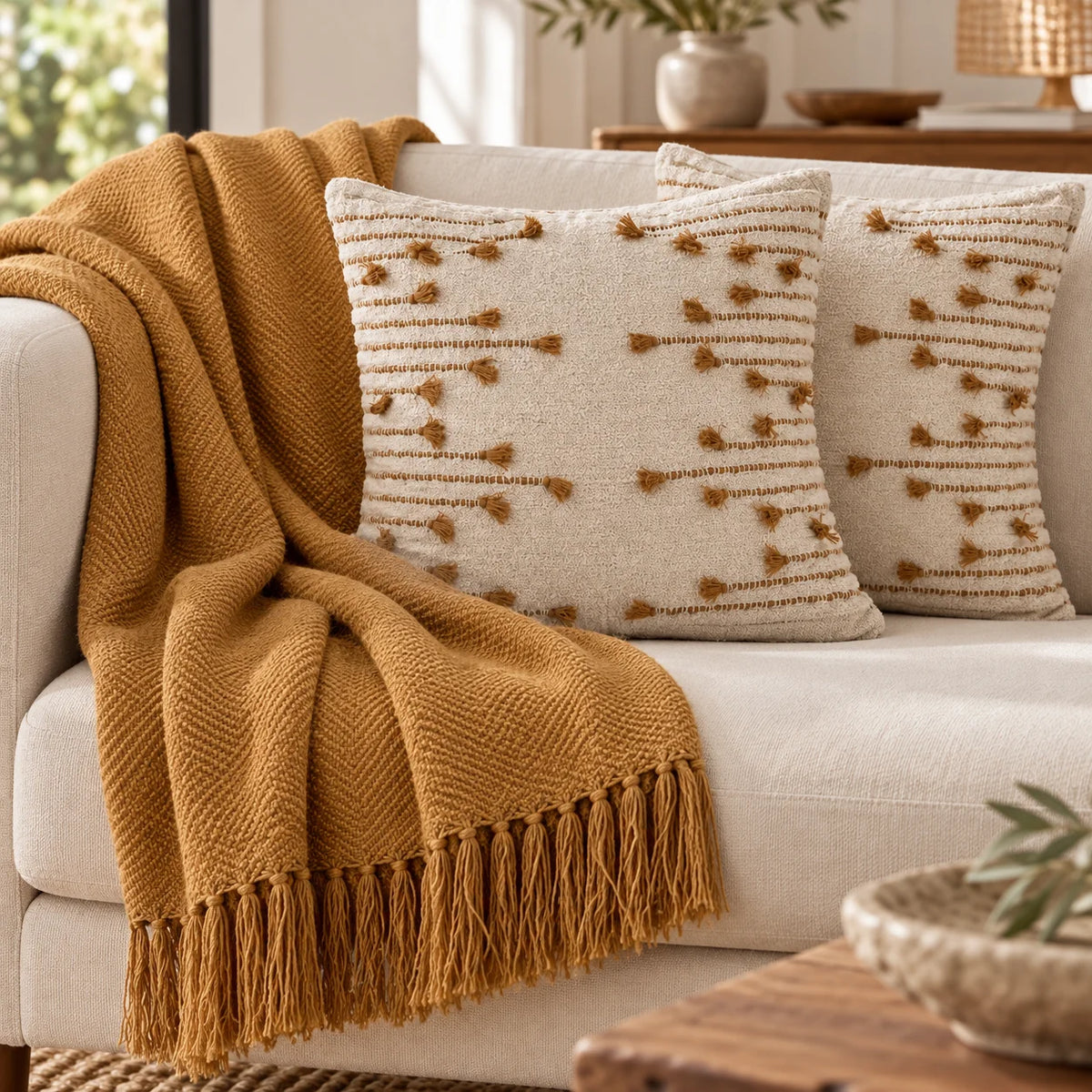Kit Manta para Sofá e Capa de Almofada Caramelo Sahara