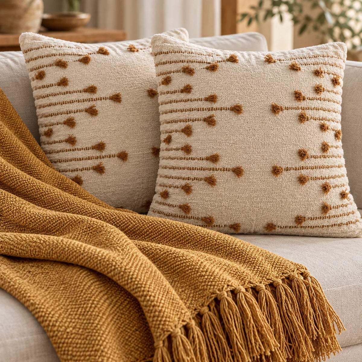 Kit Manta para Sofá e Capa de Almofada Caramelo Sahara