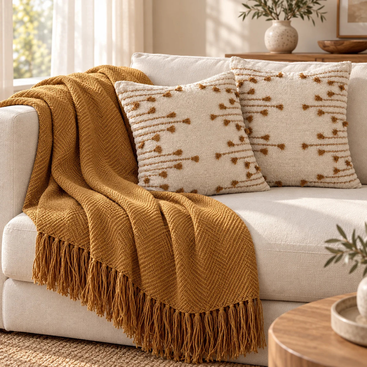 Kit Manta para Sofá e Capa de Almofada Caramelo Sahara