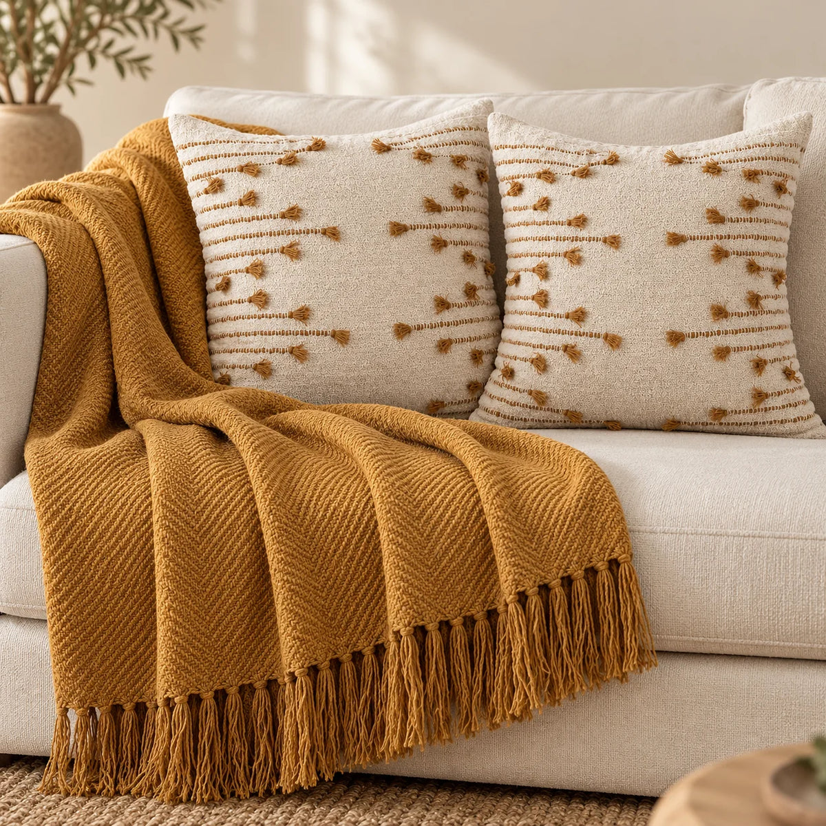 Kit Manta para Sofá e Capa de Almofada Caramelo Sahara