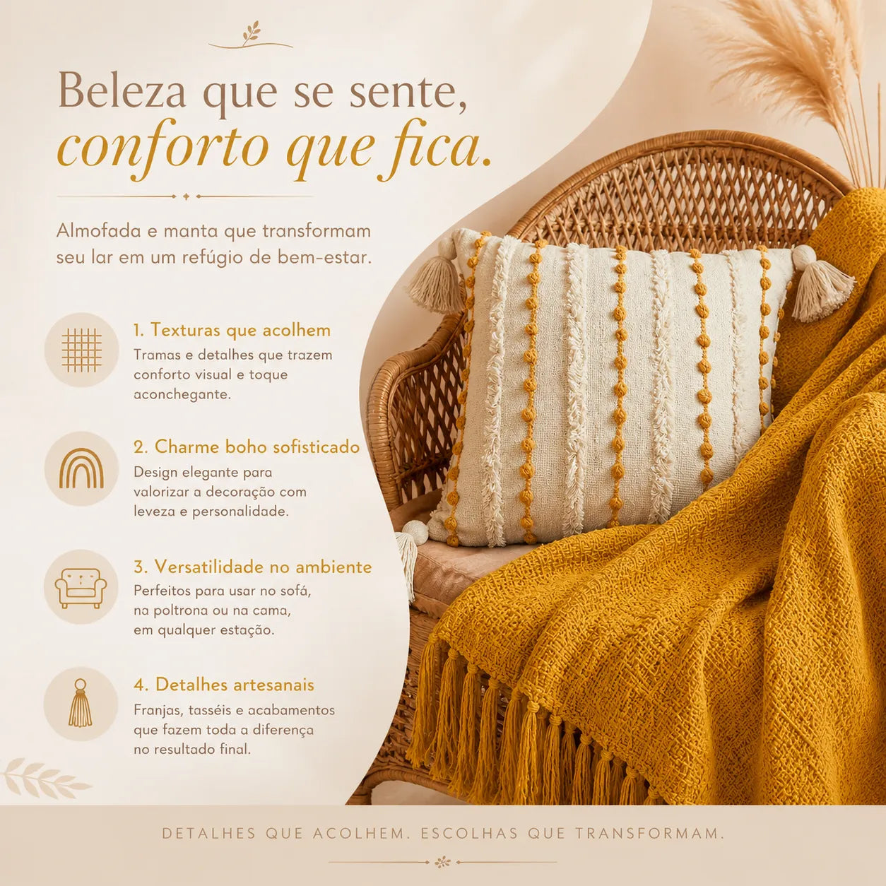 Kit Manta para Sofá e Capa de Almofada Mostarda Mirasol