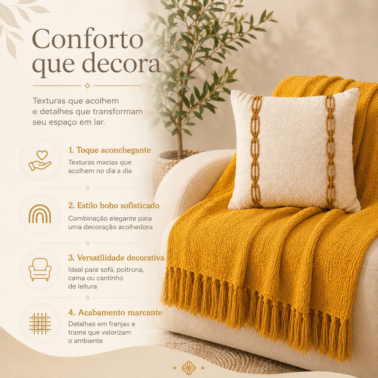 Kit Manta para Sofá e Capa de Almofada Mostarda Serena e Elos