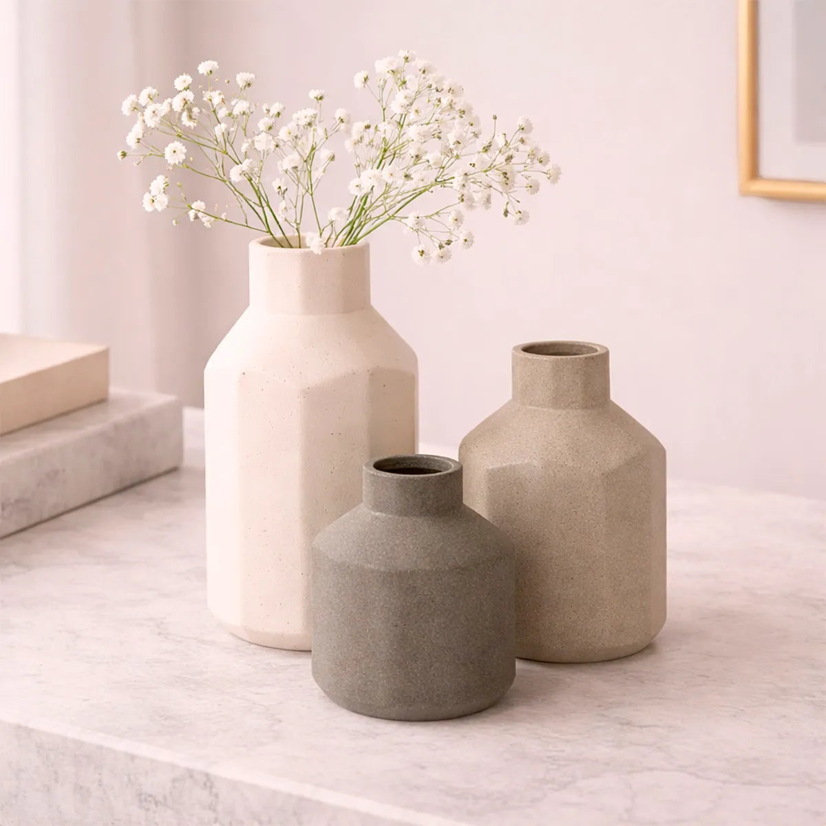 Conjunto de Vasos Decorativos Cerâmica Geométrico Prisma