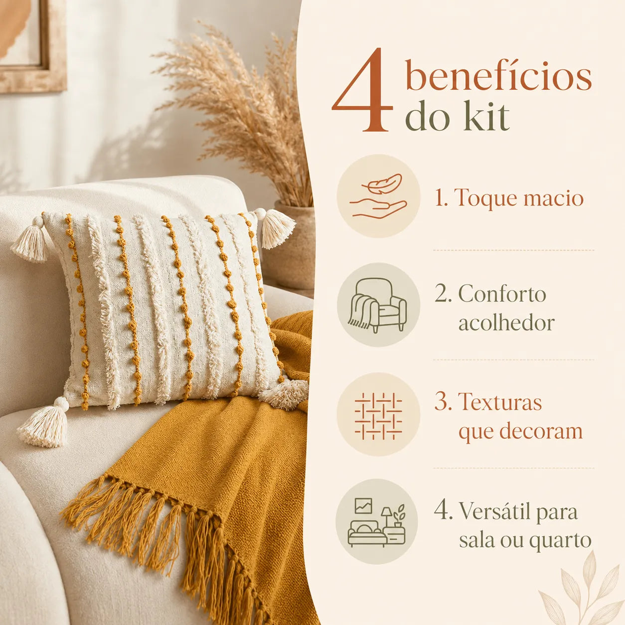 Kit Manta para Sofá e Capa de Almofada Mostarda Duna