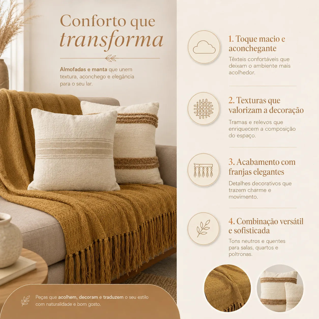 Kit Manta para Sofá e Capa de Almofada Mostarda Serena
