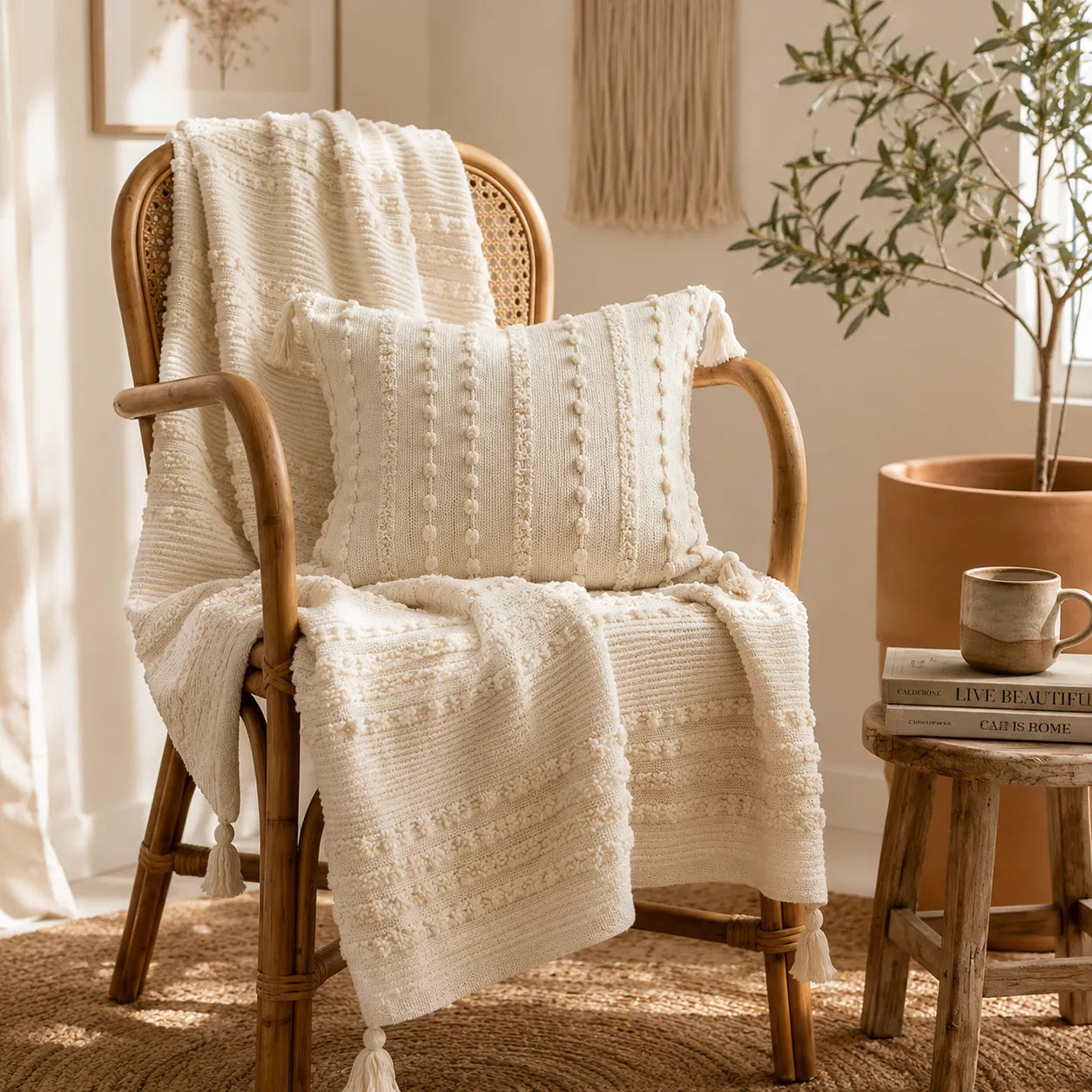 Kit Manta para Sofá e Capa de Almofada Off White Boho Mirasol