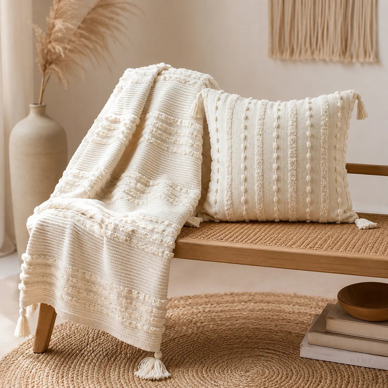 Kit Manta para Sofá e Capa de Almofada Off White Boho Mirasol